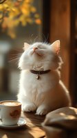 White Persian cat with closed eyes sitting contentedly next to latte coffee cup on wooden table in warm sunlight, wearing collar with bell, autumn atmosphere.