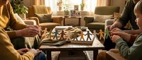 Two people playing chess at wooden table in warm living room with armchairs and natural light, suitable for leisure, strategy games, and indoor entertainment concepts.