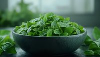 Fresh green mint leaves in ceramic bowl on dark surface, aromatic herb for cooking, cocktails, and tea preparation.