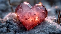 Red crystal heart glowing with inner light on frosty ground, magical winter love concept with sparkles and bokeh effects in nature macro photography.