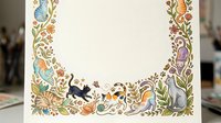 Decorative floral border frame with woodland animals including foxes, rabbits, and cats among autumn leaves and botanical elements on cream background.