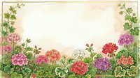 Watercolor floral frame with colorful geraniums and ivy leaves on aged paper background, copy space for text or design.