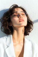 Young Asian woman with curly bob haircut wearing glasses and white blazer basking in sunlight with eyes closed and coral lipstick, expressing serenity and style.