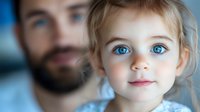Young girl with striking blue eyes and blonde hair smiles gently while father figure stands in soft focus background, portraying family bonds and parental love.