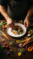 Professional chef plating gourmet dish with colorful vegetables and edible flowers on rustic wooden table. Culinary artistry and fine dining presentation concept.