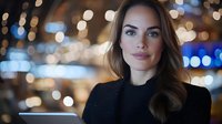 Young woman with long brown hair and fair complexion wearing black turtleneck against blurred city lights at night, suitable for lifestyle and portrait projects.