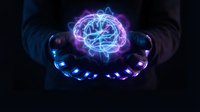 Hands holding glowing neural network brain with electric energy connections in dark space for artificial intelligence and technology concepts.