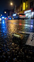 Crime scene evidence bullet casing on wet urban street at night with police lights and city background for forensic investigation concepts.