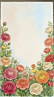 Watercolor floral border with colorful ranunculus blooms and green leaves framing a blank space for text, greeting card or invitation design.