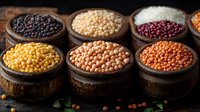 Colorful variety of raw legumes and grains in wooden bowls on dark background. Healthy protein source collection includes lentils, peas, beans.