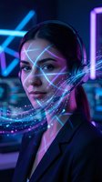 Young professional woman with futuristic holographic face mapping technology overlay in neon cyberpunk environment for digital innovation concepts.