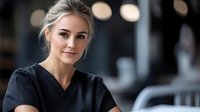 Professional blonde Caucasian female healthcare worker in black medical scrubs smiling confidently in modern hospital setting with soft bokeh lighting.