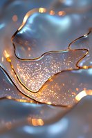 Glowing golden cracks with magical sparkles on metallic surface create ethereal light effect against soft blue background, abstract luxury art composition.