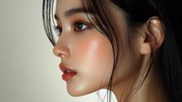 Young Asian woman with glowing skin and red lipstick in profile view against light background, showcasing professional beauty makeup and sleek black hair styling.