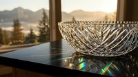 Crystal glass bowl on dark marble surface with rainbow light reflections, misty mountain landscape and golden sunset visible through window.