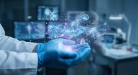 Healthcare professional in blue gloves holding digital network connections with glowing data points in modern medical laboratory setting for technology concepts.
