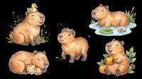 Cute watercolor capybara clipart set, isolated on transparent background. Six adorable scenes for stickers, t-shirt design, print on demand, and sublimation projects.