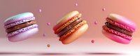 Colorful macarons floating against pink gradient background with small candy sprinkles, showcasing delicate pastry details and creamy fillings.