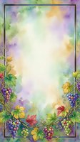 Watercolor vineyard border frame with grapes, autumn leaves, and flourishes on isolated background. Soft pastel washes in purple, yellow, and green create elegant space for text or design elements.