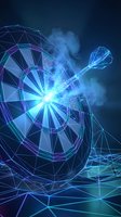 Futuristic digital dart hitting glowing target with geometric wireframe design and blue light effects for technology and business success concepts.
