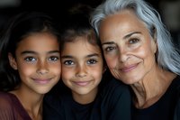 Multi-generational portrait showing close-up of mature woman with silver hair and two young mixed-race girls smiling warmly at camera against dark background.