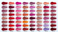 Lipstick color palette chart showing diverse shades from nude to bold red, pink, coral, berry and plum tones for makeup artists and beauty enthusiasts.