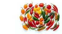 Assorted hot and sweet peppers in red, orange, and yellow tones arranged on white background, isolated for culinary design and food styling projects.