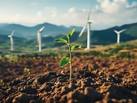 Young green plant seedling growing from soil with wind turbines and mountains in background, representing sustainable development and renewable energy.