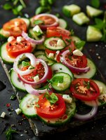 Fresh cucumber and cherry tomato salad with red onion rings and herbs on dark stone background, garnished with spices and chopped greens.