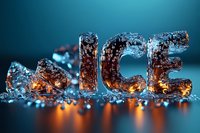 Frozen ice letters spelling NICE with warm glowing light inside, creating contrast against cool blue background. Perfect for winter themes.