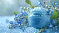 Luxurious blue bath salt in glass jar with forget-me-not flowers and scattered crystals on soft blue background, spa and wellness composition.