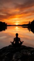 Silhouetted figure meditating on rock overlooking tranquil lake at golden sunset, with vibrant orange sky and forested shoreline reflecting in calm water for wellness and mindfulness concepts.