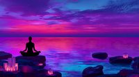 Person meditating on rocks by calm water during vibrant purple and pink sunset creating peaceful zen atmosphere for wellness and mindfulness practices.