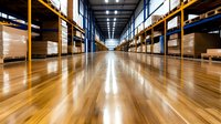 Modern warehouse interior with polished wooden floor, metal storage racks and cardboard boxes. Industrial facility with bright lighting and long corridor perspective.