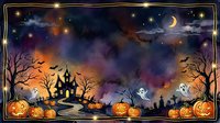Haunted mansion silhouette with glowing jack-o-lanterns, flying bats, ghosts, and crescent moon against starry night sky with golden frame border. Halloween themed illustration.