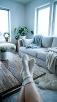 Cozy living room with feet in knitted socks resting on wooden coffee table, gray sofa with blanket, houseplants on windowsill creating hygge atmosphere.