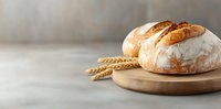 Fresh crusty artisan sourdough bread loaf on wooden cutting board with wheat ears against light gray background, copy space for text.
