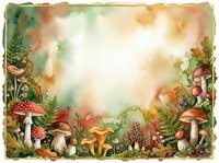 Watercolor autumn forest frame with mushrooms, ferns and foliage creating natural border with copy space for text and design projects.