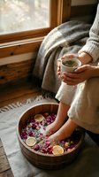 Woman enjoying relaxing foot spa treatment with rose petals and lemon slices while drinking herbal tea in cozy home setting with natural sunlight.