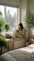 Woman in beige loungewear sitting on window seat surrounded by potted plants, reading book by natural light in cozy bedroom interior.