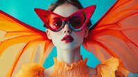 Young woman with pale complexion wearing oversized red cat-eye sunglasses and vibrant orange fairy wings against turquoise background. Whimsical fantasy costume for creative projects and artistic designs.