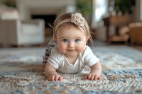 Smiling baby girl with floral headband lying on patterned carpet at home, wearing white onesie. Natural light portrait captures innocent expression and developmental milestone.