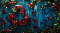 Red recycling symbol with scattered autumn leaves floating against dark teal textured background creates environmental conservation concept with seasonal elements.