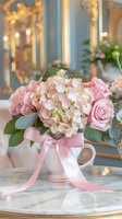 Romantic floral arrangement with pink roses and hydrangeas in white porcelain cup, decorated with pink silk ribbon on marble table, soft bokeh background.