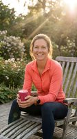 Middle-aged woman in coral athletic jacket and dark leggings sits on wooden bench holding smoothie drink in blooming garden at golden hour sunset with flowering shrubs and trees.