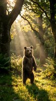 Brown bear cub standing upright in sunlit forest clearing surrounded by tall trees, green vegetation, and golden light rays filtering through canopy foliage.