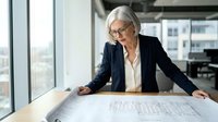 Senior businesswoman with gray hair reviewing architectural blueprints at modern office desk near windows, professional consultation meeting.