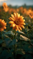 Golden sunflower in full bloom with vibrant petals against blurred field background at sunset, creating warm atmospheric nature scene for seasonal designs.