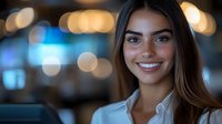 Young woman with radiant smile and long brown hair against blurred bokeh background in evening setting, professional headshot style portrait with warm ambient lighting.