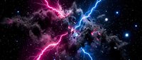 Cosmic energy explosion with vibrant magenta and electric blue lightning bolts piercing through nebula clouds and stardust in deep space.